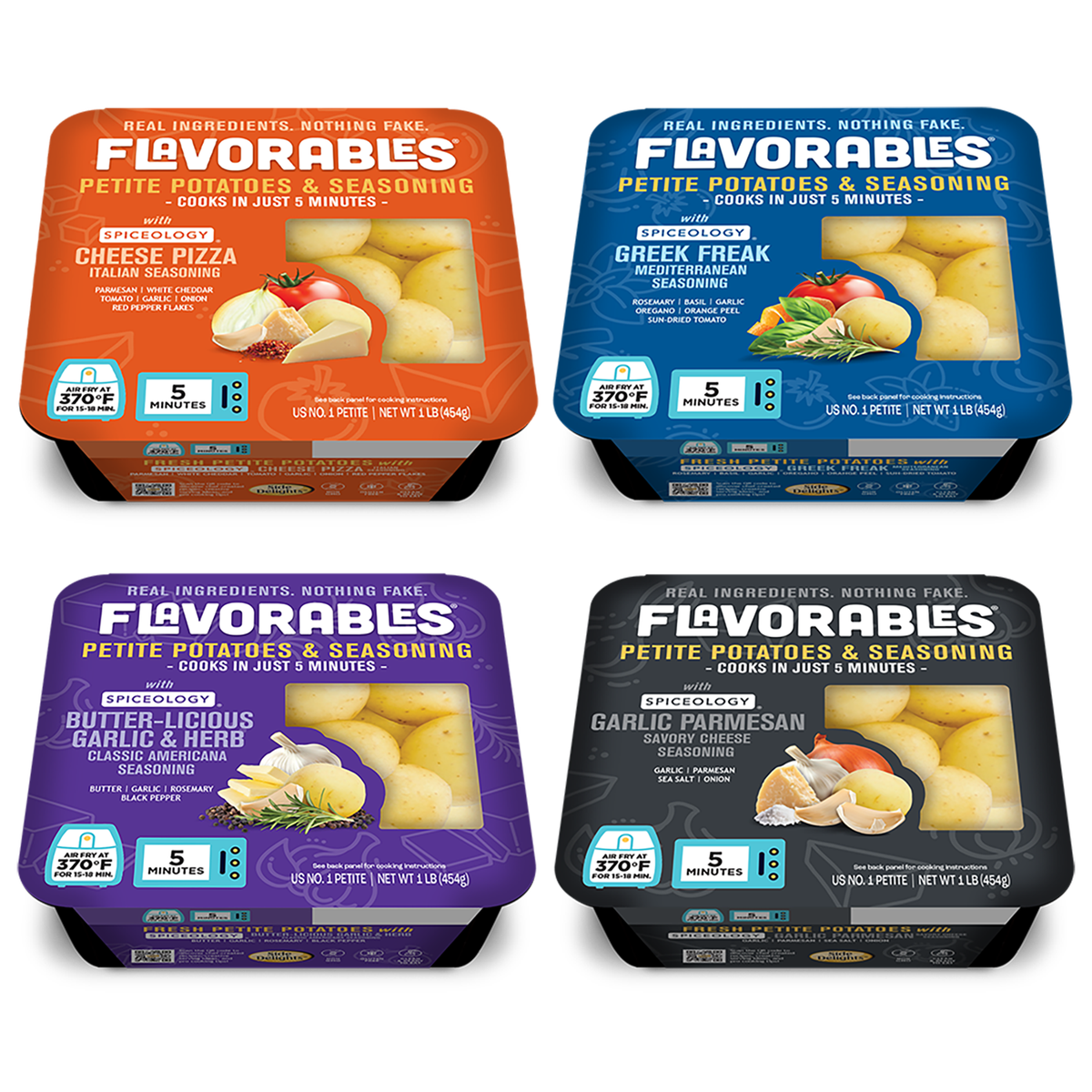 Flavorables Petite Potatoes & Seasoning — Cheese Pizza, Greek Freak, Butter-Licious Garlic & Herb, and Garlic Parmesan — each air-fries in five minutes